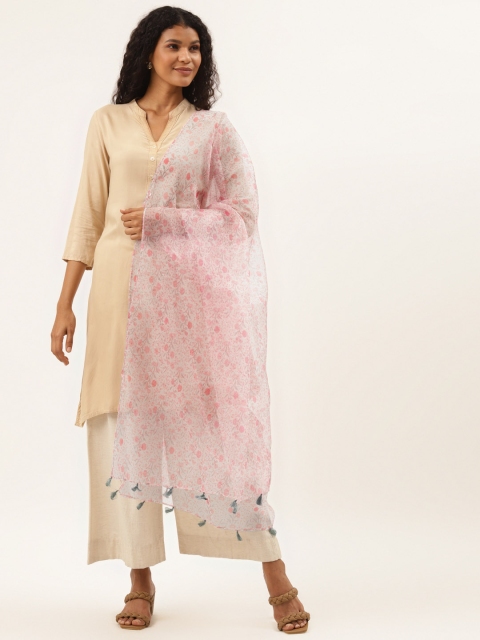 

Ancestry Pink & White Pure Silk Floral Print Dupatta
