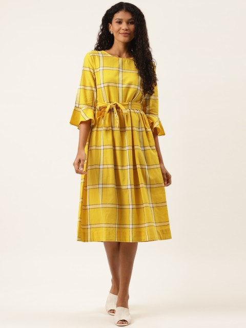 

Ancestry Mustard Yellow & White Checked Empire Dress with Tie-Up Detail