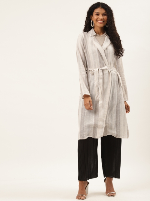 

Ancestry Women Off White & Grey Striped Longline Tie-Up Shrug with Belt