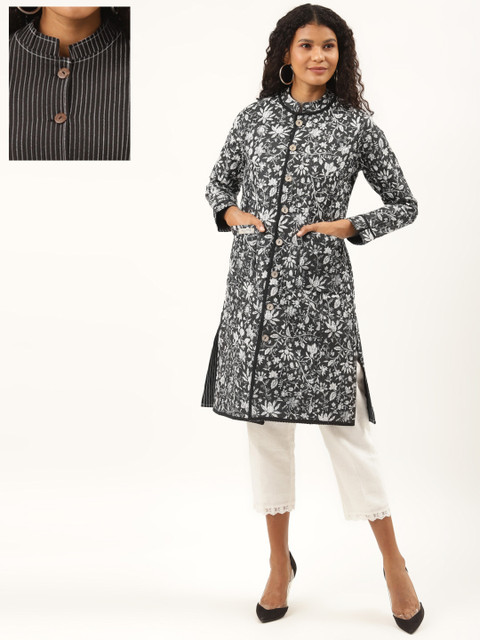 

Ancestry Women Black White Floral Reversible Open Front Jacket