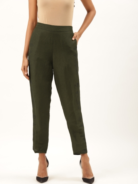 

Ancestry Women Olive Green High-Rise Easy Wash Cigarette Trousers