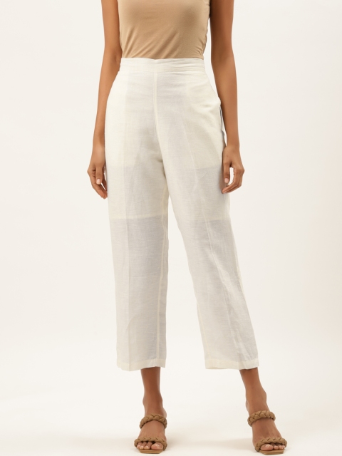 

Ancestry Women Cream-Coloured High-Rise Easy Wash Cigarette Trousers