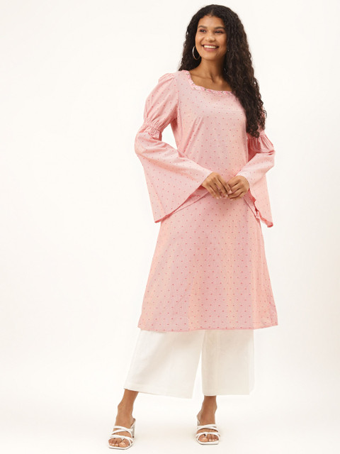 

Ancestry Women Pink Pure Cotton Geometric Print Bell Sleeves Kurta