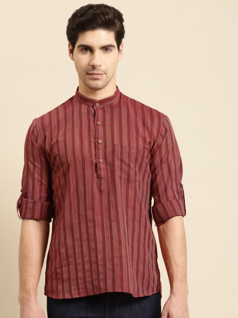 

RAJUBHAI HARGOVINDAS Men Maroon Striped Handloom Kurta