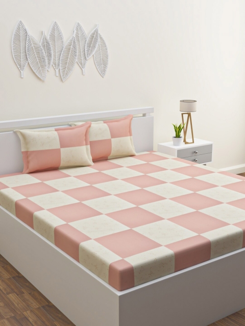 

HAPPY HUES Pink & Beige Geometric 120 TC Queen Bedsheet with 2 Pillow Covers