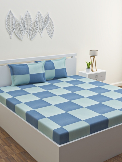 

HAPPY HUES Blue Geometric 120 TC Queen Bedsheet with 2 Pillow Covers, Navy blue