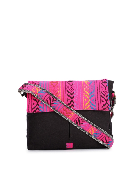

The House of Tara Unisex Black & Fuchsia Textured Messenger Bag