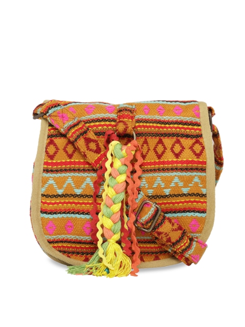 

The House of Tara Beige Ethnic Motifs Swagger Sling Bag with Tasselled