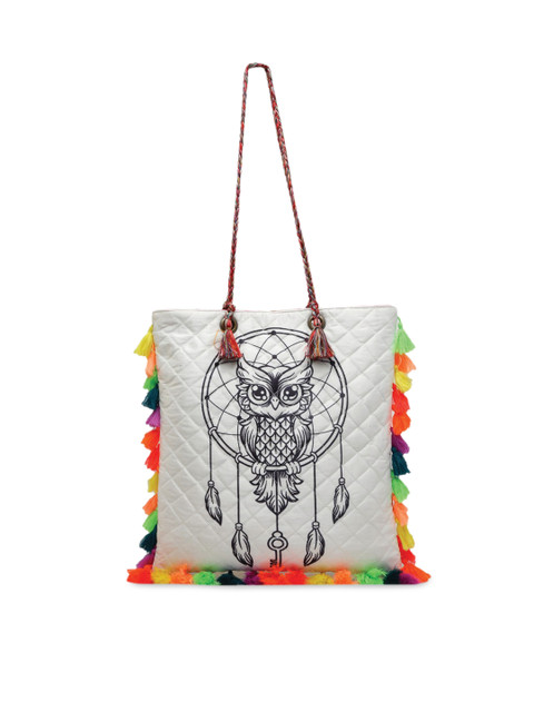 

The House of Tara White Printed PU Structured Tasselled Tote Bag