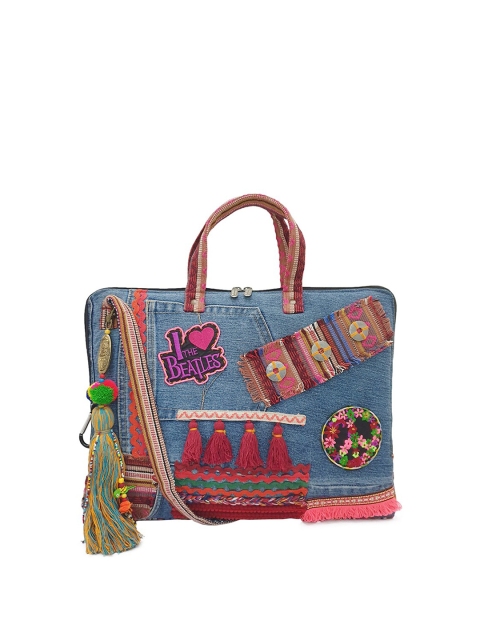 

The House of Tara Unisex Blue & Red Printed Denim Up-Cycled Embellished Laptop Bag