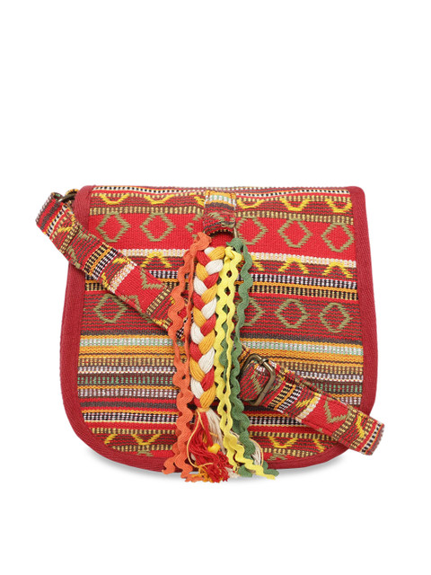 

The House of Tara Red Ethnic Motifs Fabric Structured Sling Bag with Tassel