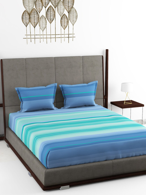 

BIANCA Blue & Turquoise Blue Striped 180 TC Cotton 1 King Bedsheet with 2 Pillow Covers