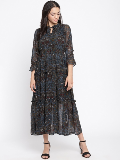 

COASTLAND Black Ethnic Motifs Keyhole Neck Georgette Midi Dress