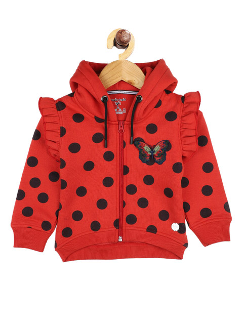 

Stupid Cupid Girls Red Printed Hooded Sweatshirt with Ruffle Details