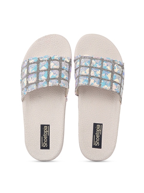 

Shoetopia Girls Off White & Blue Embellished Sliders
