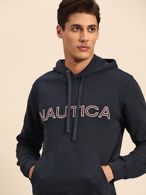 

Nautica Men Navy Blue Brand Logo Embroidered Hooded Sweatshirt