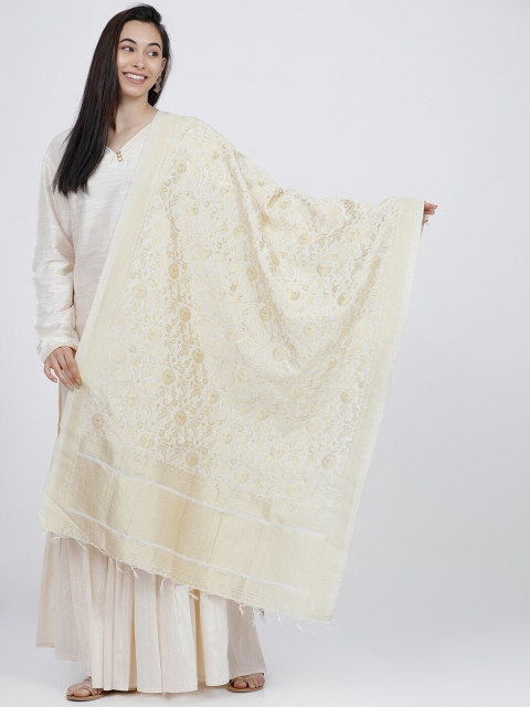 

Vishudh Cream-Coloured & Gold-Toned Ethnic Motifs Woven Design Dupatta with Zari