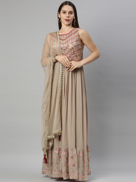 

Neerus Beige Embellished Georgette Maxi Dress with Dupatta