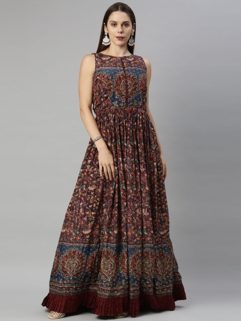 

Neerus Maroon & Blue Ethnic Motifs Maxi Dress