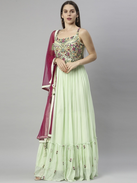 

Neerus Olive Green Embellished Georgette Maxi Dress with Dupatta