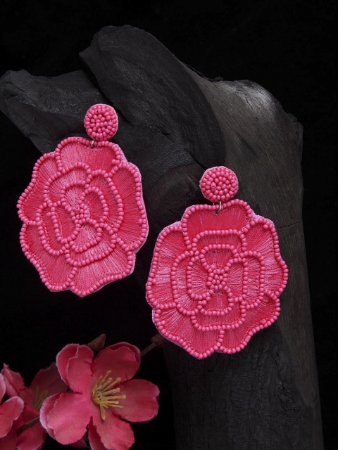 

Moedbuille Pink Beads Studded Floral Handcrafted Embroidered Drop Earrings
