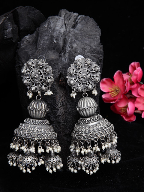 

Moedbuille Gunmetal-Toned Dome Shaped Silver-Plated Handcrafted Jhumkas Earrings, Metallic