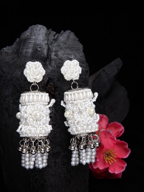

Moedbuille Off White Beads & Pearls Tasselled Contemporary Design Silver Plated Jhumkas