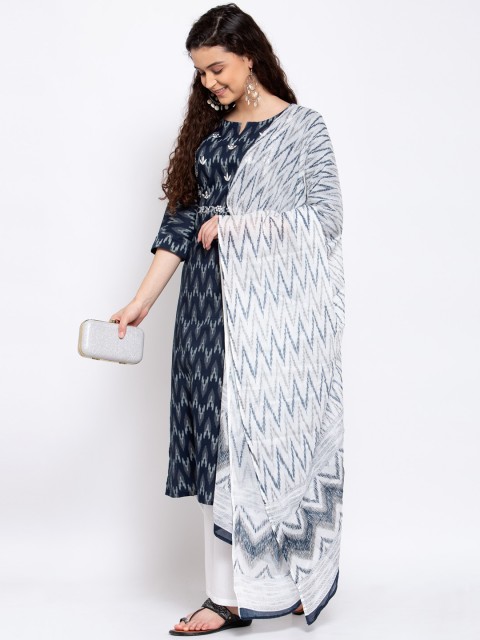 

Yuris Women Navy Blue Printed Regular Pure Cotton Kurta with Trousers & With Dupatta