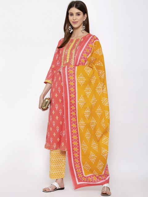 

Yuris Women Coral Ethnic Motifs Printed Regular Pure Cotton Kurta with Trousers & With Dupatta