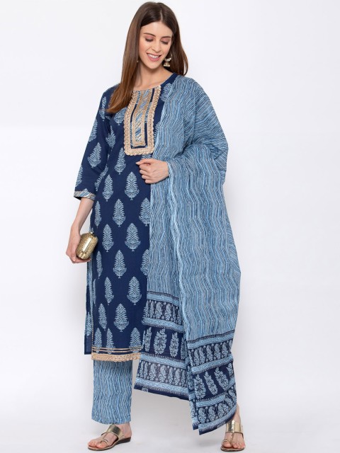 

Yuris Women Navy Blue Ethnic Motifs Printed Regular Pure Cotton Kurta with Trousers & With Dupatta