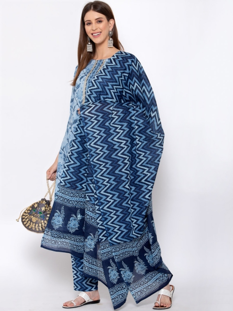 

Yuris Women Blue Ethnic Motifs Printed Regular Pure Cotton Kurta with Trousers & With Dupatta