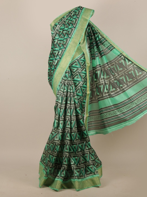 

Pothys Green & Grey Zari Cotton Blend Saree