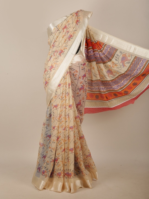 

Pothys Cream-Coloured & Orange Cotton Blend Saree