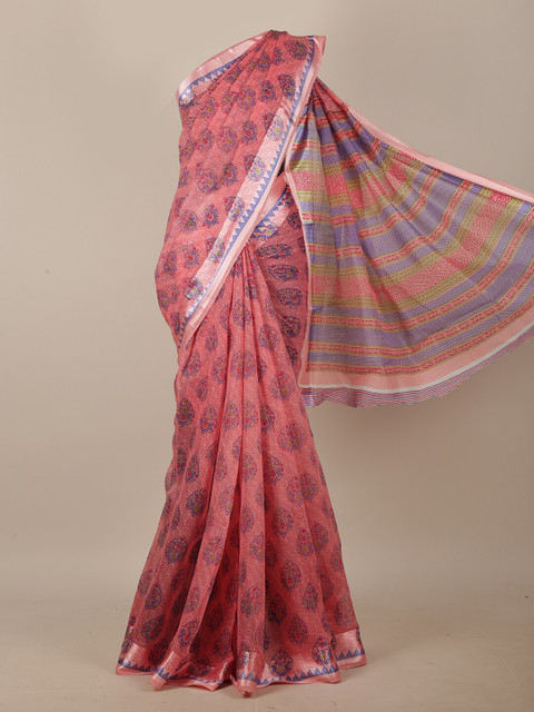 

Pothys Pink & Blue Ethnic Motifs Cotton Blend Saree