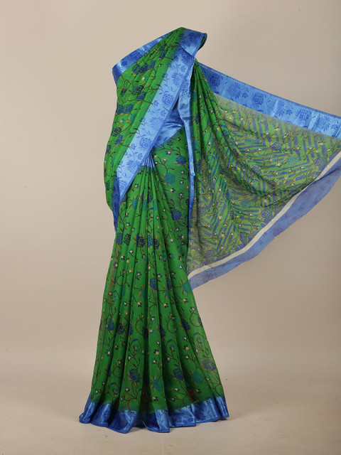 

Pothys Green & Blue Floral Cotton Blend Saree