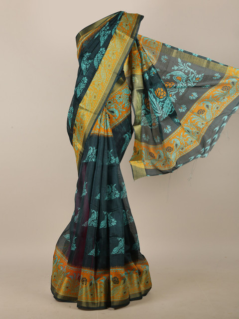 

Pothys Green & Blue Ethnic Motifs Zari Cotton Blend Saree