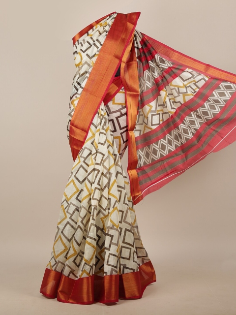 

Pothys White & Red Zari Cotton Blend Saree