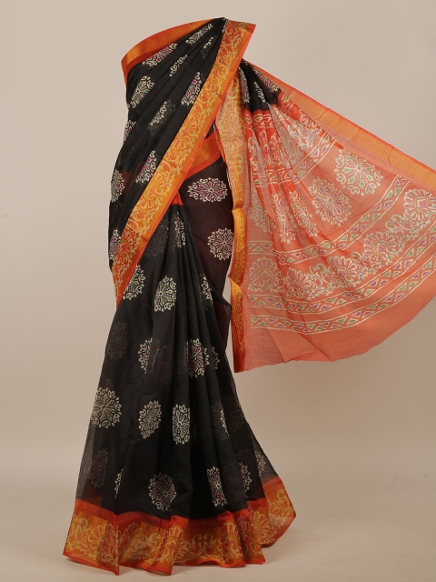 

Pothys Black & Orange Ethnic Motifs Zari Cotton Blend Saree
