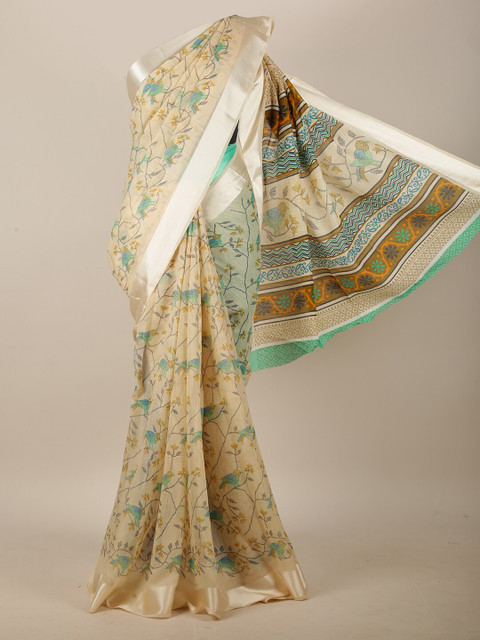 

Pothys Cream-Coloured & Green Cotton Blend Saree
