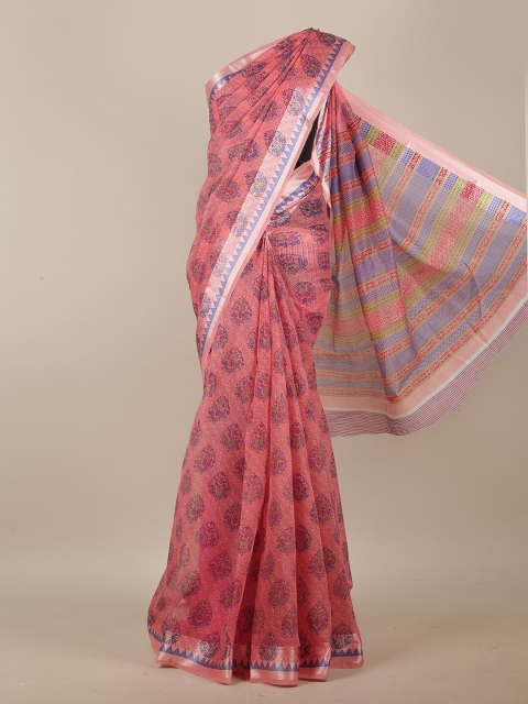 

Pothys Peach-Coloured & Blue Ethnic Motifs Cotton Blend Saree
