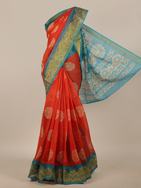 

Pothys Orange & Blue Floral Cotton Blend Saree