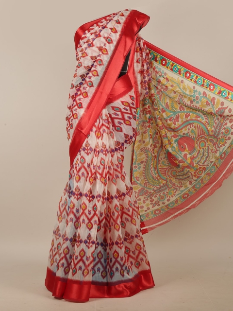 

Pothys Cream-Coloured & Red Ethnic Motifs Cotton Blend Saree