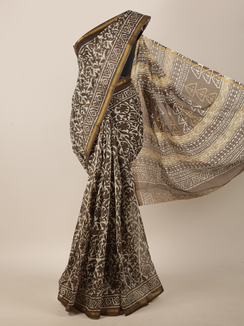 

Pothys Taupe & Off White Ethnic Motifs Zari Cotton Blend Saree