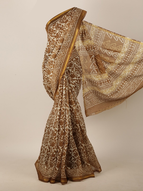 

Pothys Brown & White Ethnic Motifs Zari Cotton Blend Saree