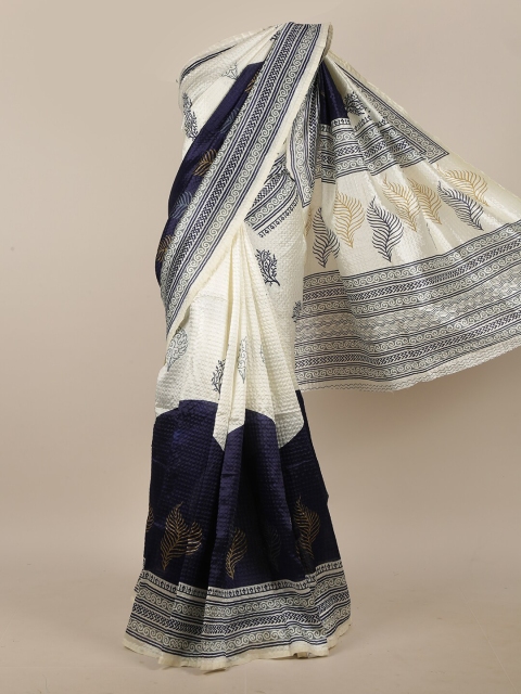 

Pothys Cream-Coloured & Navy Blue Floral Saree