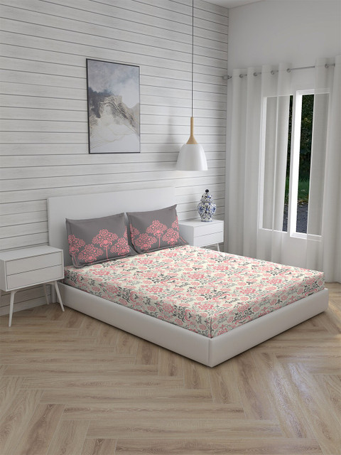 

Layers White & Pink Floral 104 TC Queen Bedsheet with 2 Pillow Covers