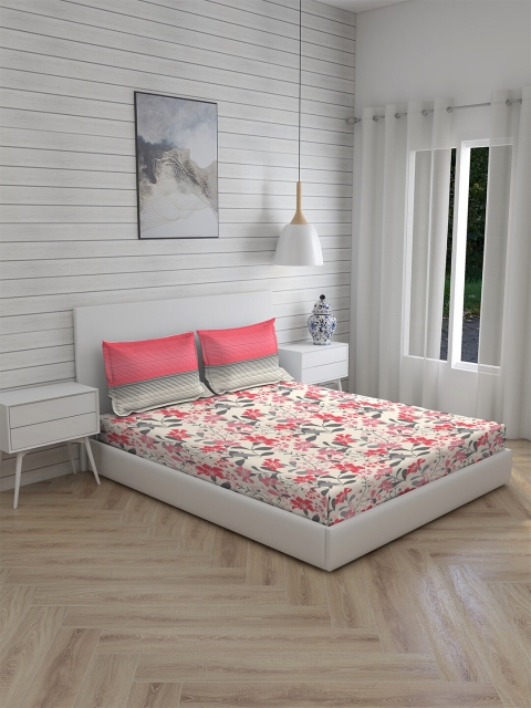 

Layers Cream-Coloured & Pink Floral 104 TC Queen Bedsheet with 2 Pillow Covers