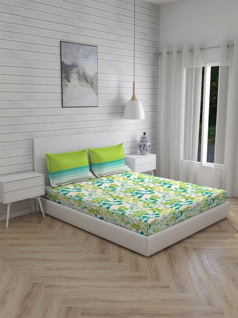 

Layers White & Green Floral 104 TC Cotton Queen Bedsheet with 2 Pillow Covers