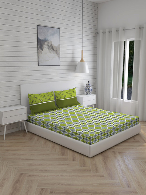 

Layers Green & Grey Floral 104 TC Cotton Queen Bedsheet with 2 Pillow Covers
