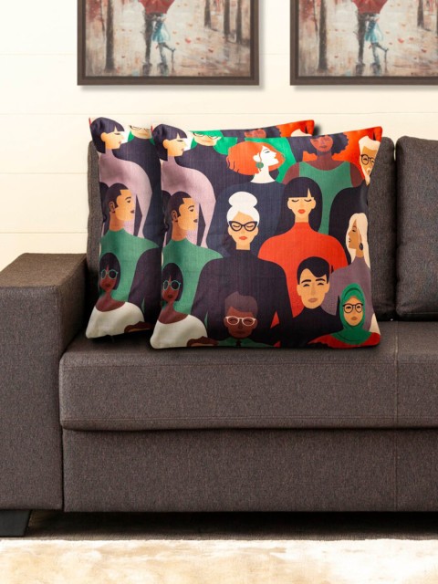 

Home Centre Set of 2 Charcoal Black & Orange Quirky Square Cushion Covers